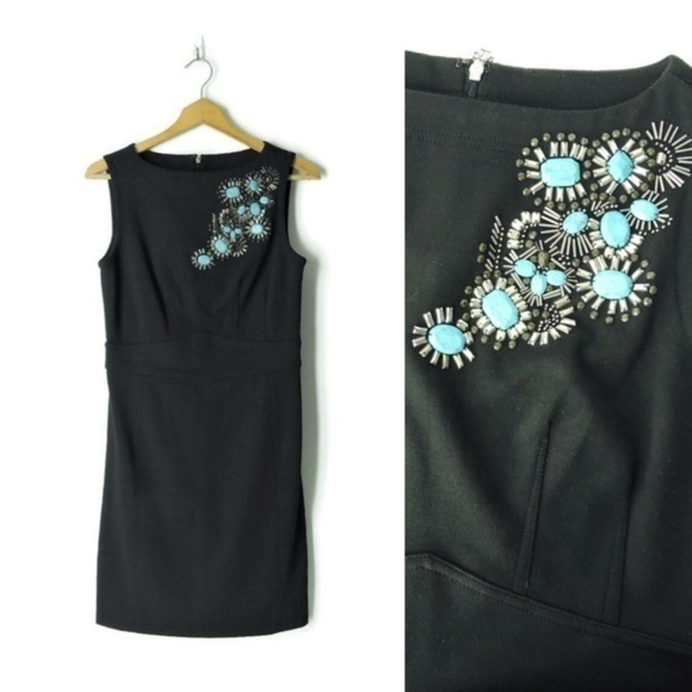 Tory Burch Manon Shift Dress Sleeveless Embellished Blue Stones Beaded Black M